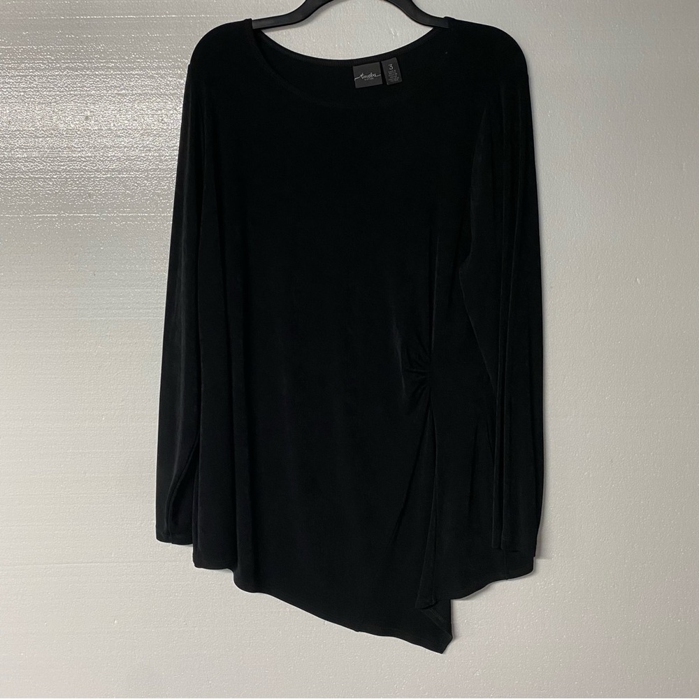 Chico’s Travelers Blouse Women XL Black Stretch Asymmetrical Hem Ruched 3 Slinky